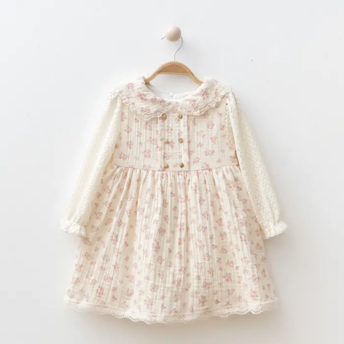 Kolları Dantelli Çiçekli Kız Bebe Elbise