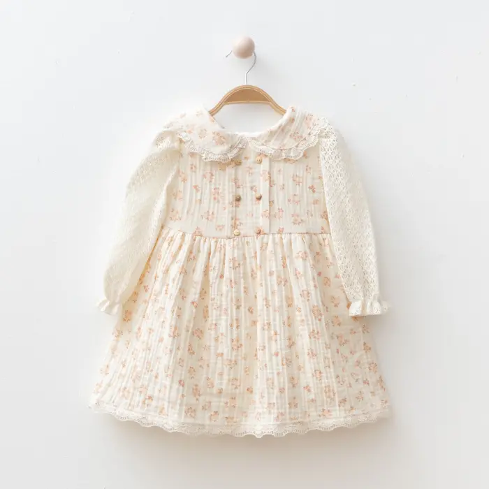 Kolları Dantelli Çiçekli Kız Bebe Elbise