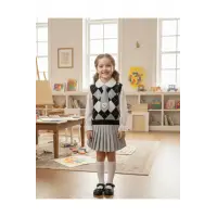 Beren | Kız Çocuk Triko Yelekli Şık Takım Gömlek& Kravat & Pileli Etek Seti Klasik Kombin 2-5 Yaş