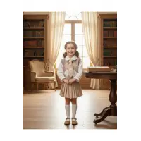 Beren | Kız Çocuk Triko Yelekli Şık Takım Gömlek& Kravat & Pileli Etek Seti Klasik Kombin 2-5 Yaş