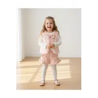 Banu Puantiyeli Fiyonklu Peluş Yelek & Triko ve Şort Takımı - (2-5 Yaş)