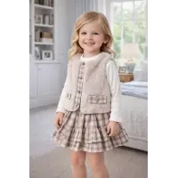 Elisa Kız Çocuk Ekose Etekli ,Penyeli,Peluş Yelek Takım