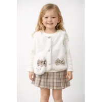 İlay Kız Çocuk Peluş Yelek,Pileli Etek ,Peluş Çanta ve Penye 4lü Kombin– Fiyonk Detaylı, Çantalı