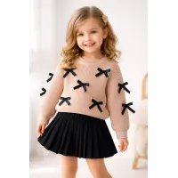 İlaya I Fiyonk Detaylı Kız Çocuk Triko ve Pileli Etek Kombin