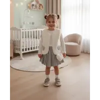 Kız Çocuk Pileli Etekli Kalp Detaylı Peluş Yelekli 4lü Kombin Takım - Premium Seri