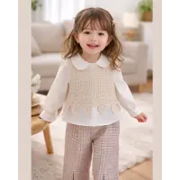 Kız Çocuk Çiçek İşlemeli Örgü Yelekli Pantolonlu 3’lü Takım - Kahverengi Ekose Desenli Premium Set