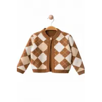 Kız Çocuk Baklava Desenli Triko Hırka – Lila & Kahverengi – 2-5 Yaş