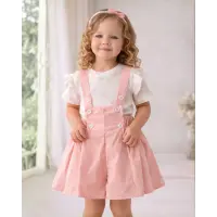 Askılı Şort Etek ve Fitilli Çiçekli Bluz Kız Çocuk 2’li Takım