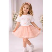 Lora Tüllü Etek ve Baskılı Tişört Kız Çocuk 2’li Takım 4209