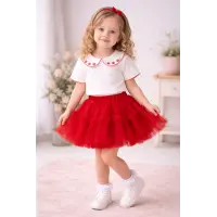 Alina Nakışlı Yaka Tişört Tüllü Etek Kız Çocuk 2’li Takım 4220