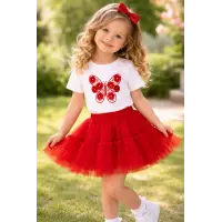 Elora Kız Çocuk Kelebek Detaylı Tişört ve Tül Etekli 2li Kombin 4219