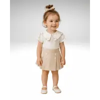 Kalp Yaka Detaylı Bluz & Pileli Şort Etek Kız Çocuk 2li Takım