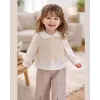 Kız Çocuk Çiçek İşlemeli Örgü Yelekli Pantolonlu 3’lü Takım - Kahverengi Ekose Desenli Premium Set