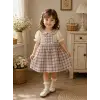 Kız Çocuk ve Bebe Vintage Ekoseli %100 Pamuklu Dantel Yakalı Elbise