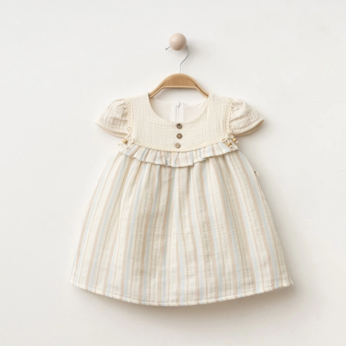 Sim Detaylı Düğmeli Kız Bebe Elbise