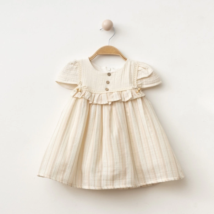 Sim Detaylı Düğmeli Kız Bebe Elbise