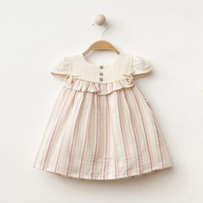 Sim Detaylı Düğmeli Kız Bebe Elbise