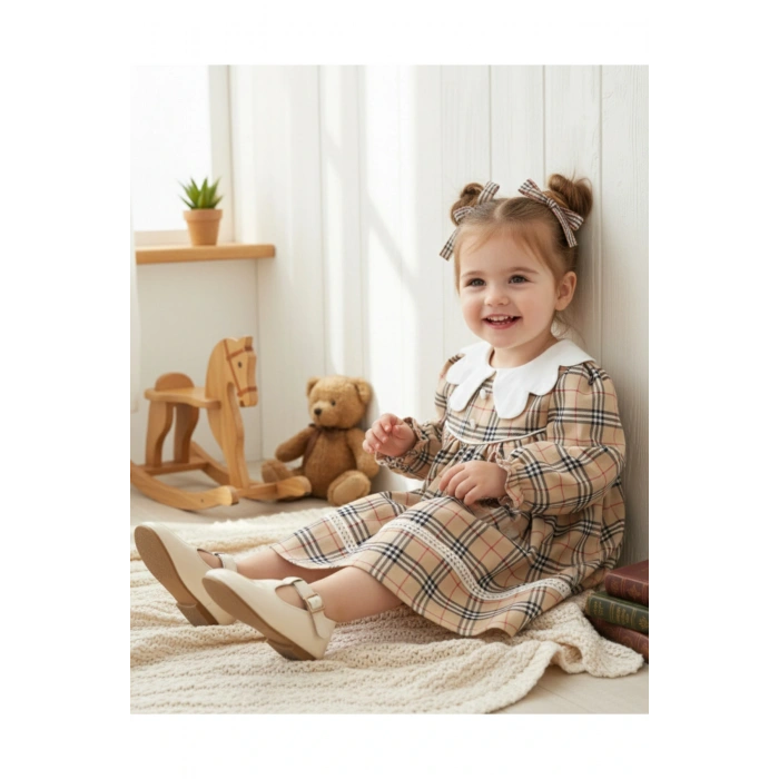 Arin Kız Bebek Kareli Dantelli Elbise Bej 9-24 Ay