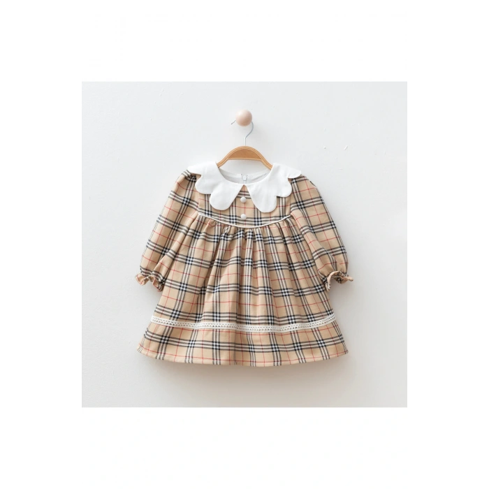 Arin Kız Bebek Kareli Dantelli Elbise Bej 9-24 Ay