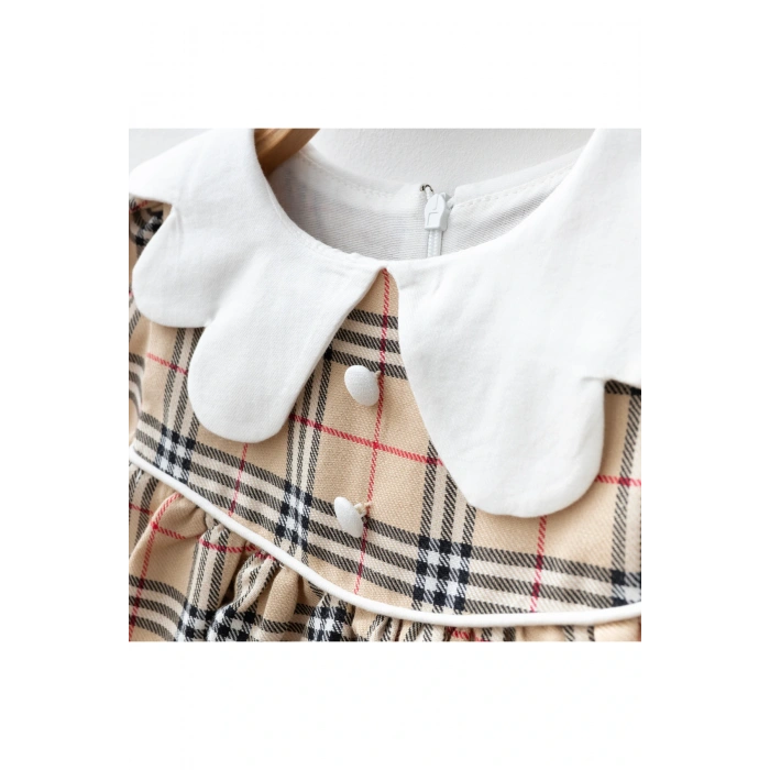 Arin Kız Bebek Kareli Dantelli Elbise Bej 9-24 Ay