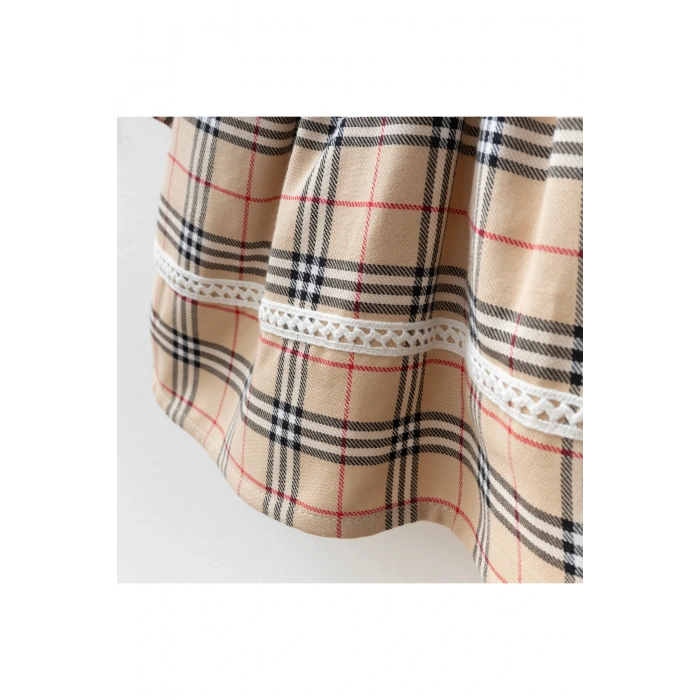 Arin Kız Bebek Kareli Dantelli Elbise Bej 9-24 Ay