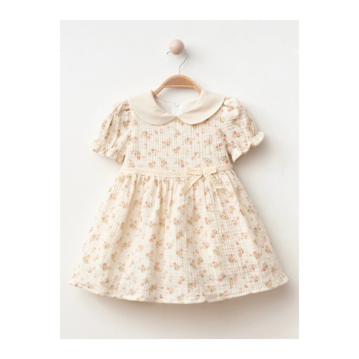 Yaka Detaylı Çiçekli Kız Bebe Elbise