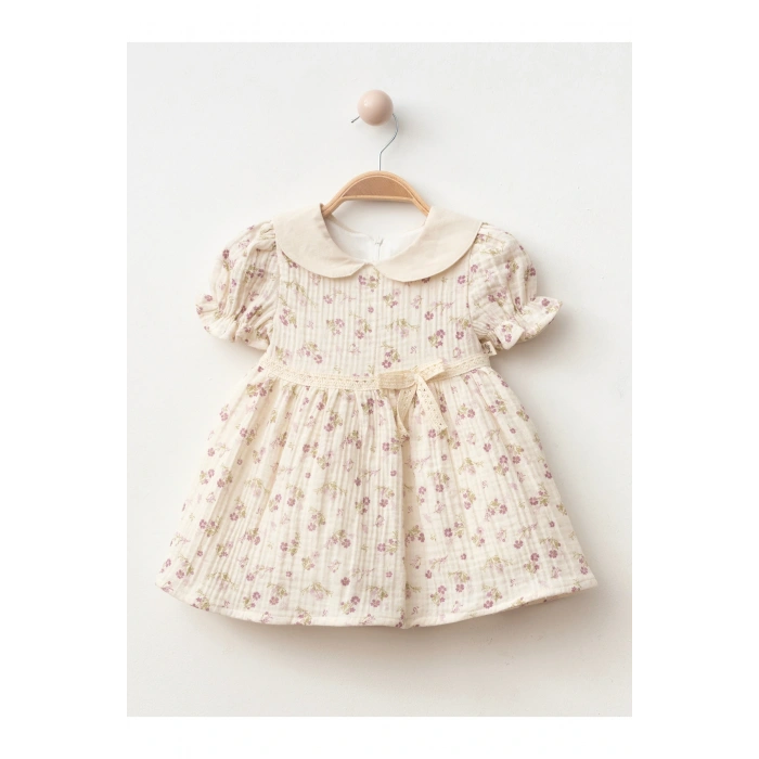 Yaka Detaylı Çiçekli Kız Bebe Elbise
