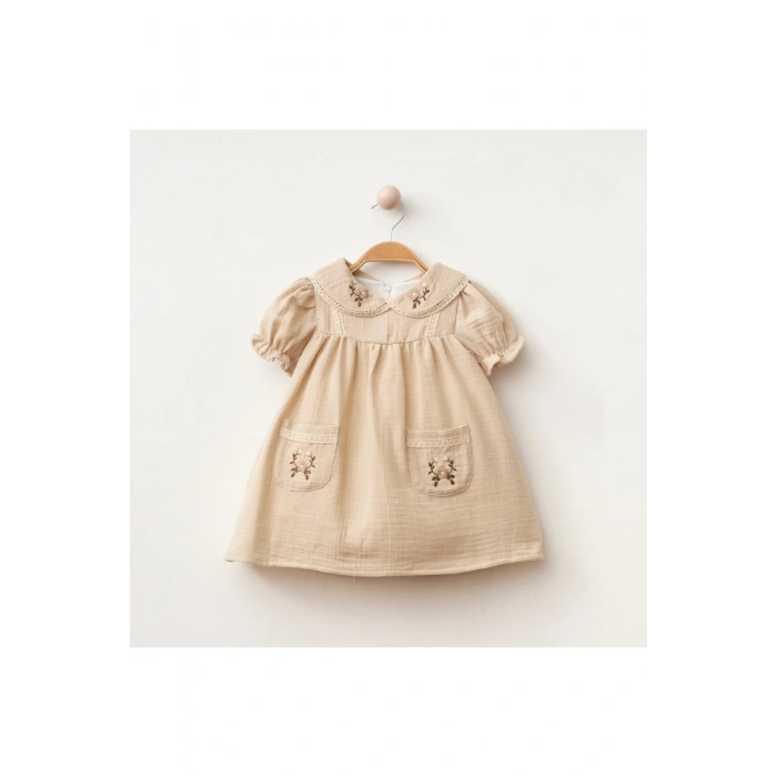 Çiçek Nakışlı Müslin Kız Bebe Elbise