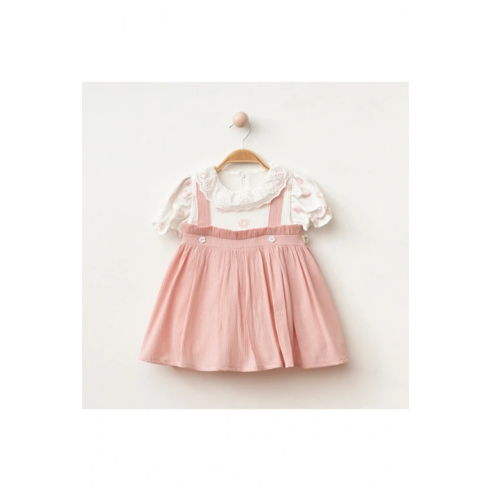 Papatya İşlemeli Düğmeli Kız Bebe Elbise