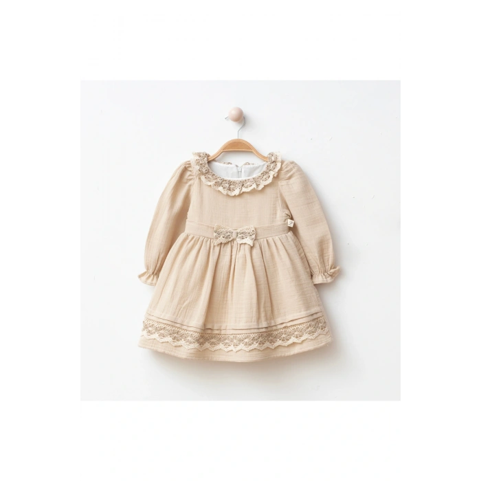 Asena Kız Bebek Dantel Elbise - Uzun Kollu %100 Pamuk Görünümlü Muslin, 9/12/18/24 Ay