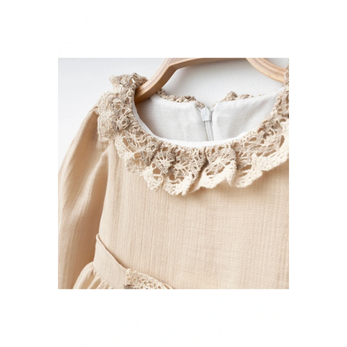 Asena Kız Bebek Dantel Elbise - Uzun Kollu %100 Pamuk Görünümlü Muslin, 9/12/18/24 Ay