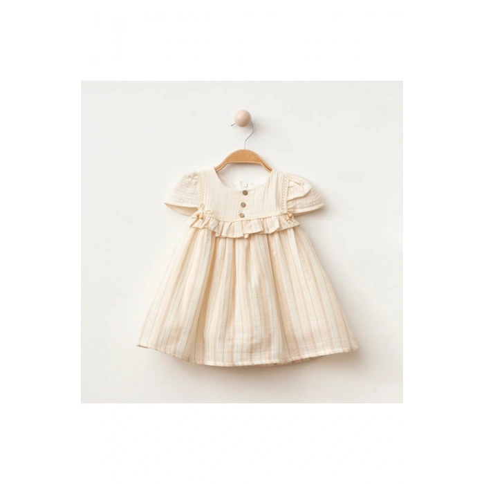 Safiye Kız Bebek Çizgili Fırfırlı Retro Elbise - Kısa Kollu %100 Pamuklu - 9/12/18/24 Ay