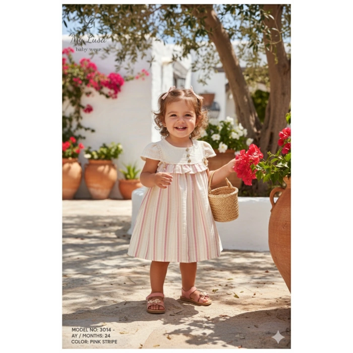 Safiye Kız Bebek Çizgili Fırfırlı Retro Elbise - Kısa Kollu %100 Pamuklu - 9/12/18/24 Ay