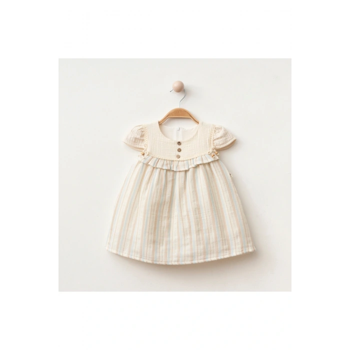 Safiye Kız Bebek Çizgili Fırfırlı Retro Elbise - Kısa Kollu %100 Pamuklu - 9/12/18/24 Ay