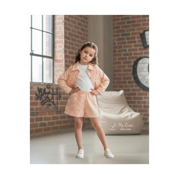 Bingül Kız Çocuk 3’lü Gül Detaylı Takım – Ceket, Penye ve Şort | 2-5 Yaş