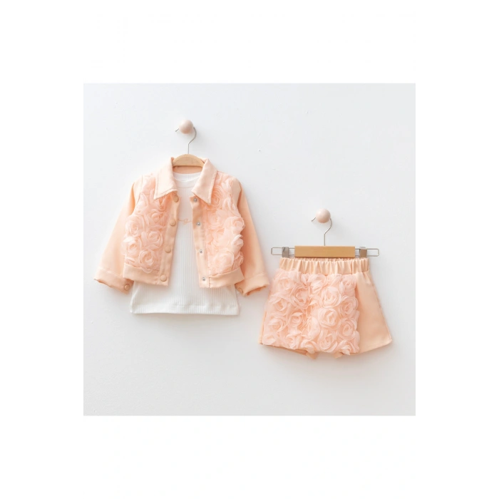 Bingül Kız Çocuk 3’lü Gül Detaylı Takım – Ceket, Penye ve Şort | 2-5 Yaş