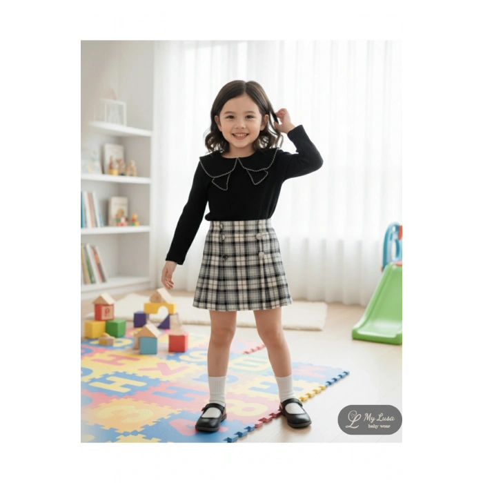 Aybüke | Bebek Yaka Fitilli Kumaş Uzun Kollu Üst ve Ekose Düğmeli Şort Etek Takım - 2/3/4/5 Yaş