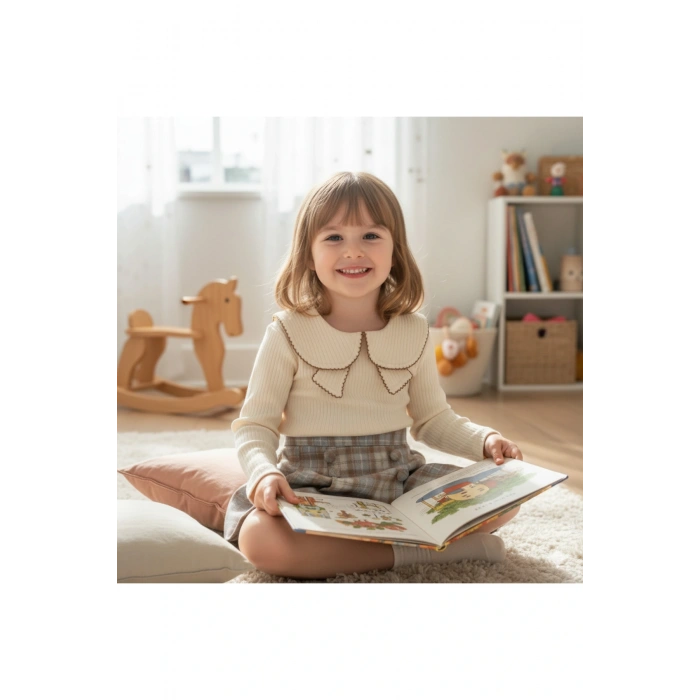 Aybüke | Bebek Yaka Fitilli Kumaş Uzun Kollu Üst ve Ekose Düğmeli Şort Etek Takım - 2/3/4/5 Yaş