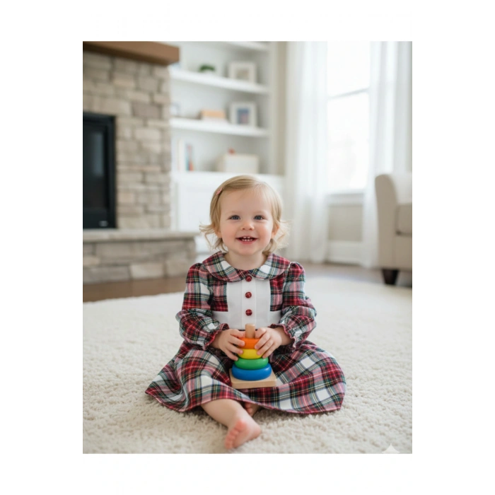 Defne 2 Serisi Kız Çocuk Ekose Elbise – Pamuklu Fırfırlı Yaka Bebek Elbisesi 9-24 Ay