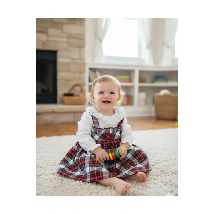 Defne 2 Serisi Kız Çocuk Ekose Elbise – Pamuklu Fırfırlı Yaka Bebek Elbisesi 9-24 Ay