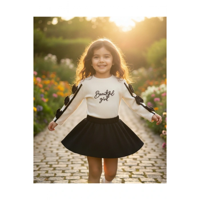 Suna Kız Çocuk Fiyonk Detaylı Uzun Kollu Ribana Bluz ve Piliseli Etek Takımı 2-5 Yaş