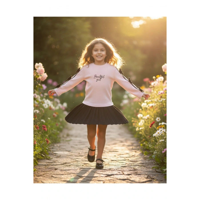 Suna Kız Çocuk Fiyonk Detaylı Uzun Kollu Ribana Bluz ve Piliseli Etek Takımı 2-5 Yaş