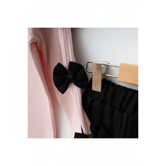 Suna Kız Çocuk Fiyonk Detaylı Uzun Kollu Ribana Bluz ve Piliseli Etek Takımı 2-5 Yaş