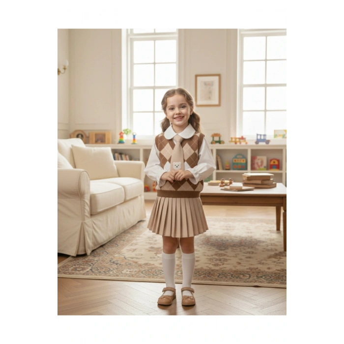 Beren | Kız Çocuk Triko Yelekli Şık Takım Gömlek& Kravat & Pileli Etek Seti Klasik Kombin 2-5 Yaş