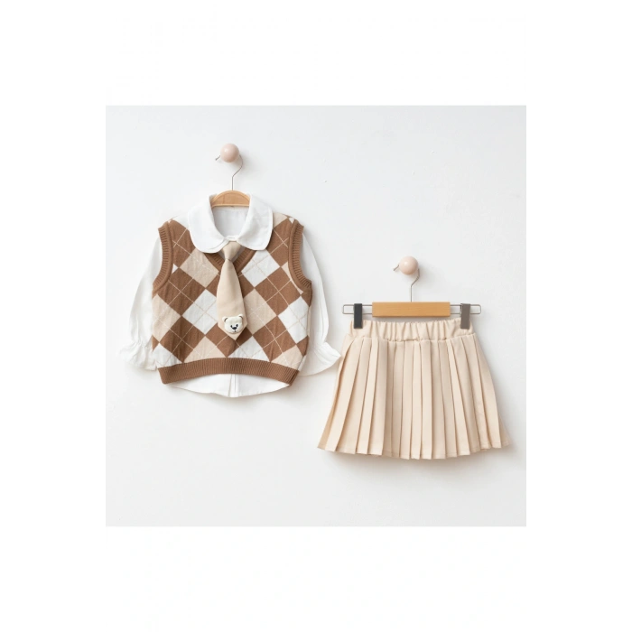 Beren | Kız Çocuk Triko Yelekli Şık Takım Gömlek& Kravat & Pileli Etek Seti Klasik Kombin 2-5 Yaş