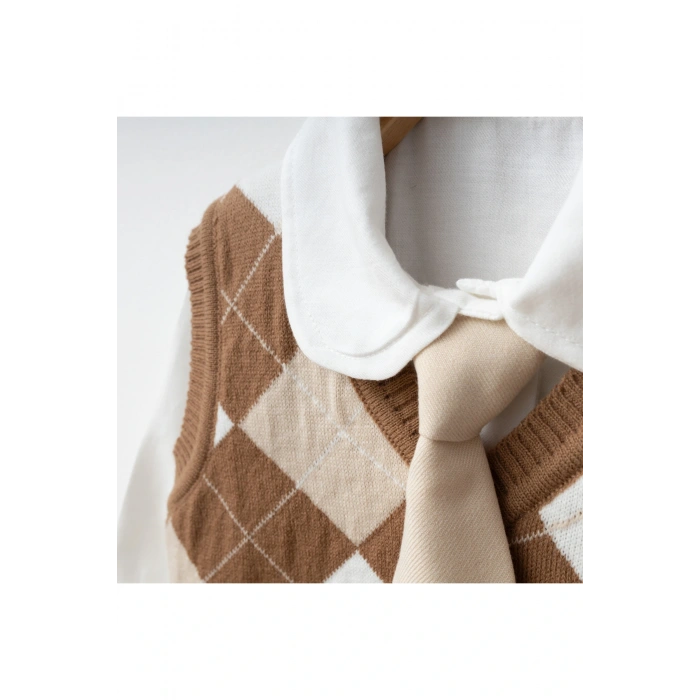 Beren | Kız Çocuk Triko Yelekli Şık Takım Gömlek& Kravat & Pileli Etek Seti Klasik Kombin 2-5 Yaş