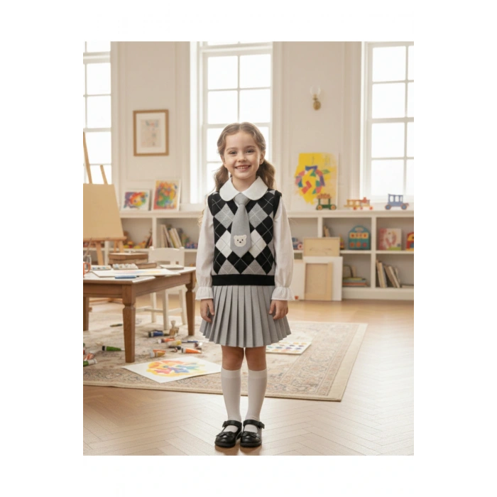 Beren | Kız Çocuk Triko Yelekli Şık Takım Gömlek& Kravat & Pileli Etek Seti Klasik Kombin 2-5 Yaş