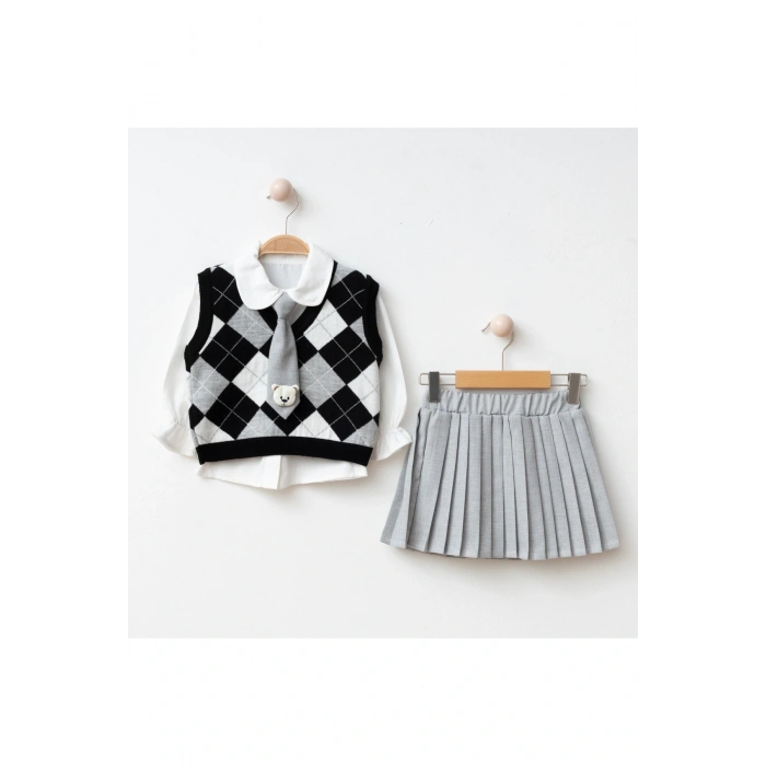 Beren | Kız Çocuk Triko Yelekli Şık Takım Gömlek& Kravat & Pileli Etek Seti Klasik Kombin 2-5 Yaş