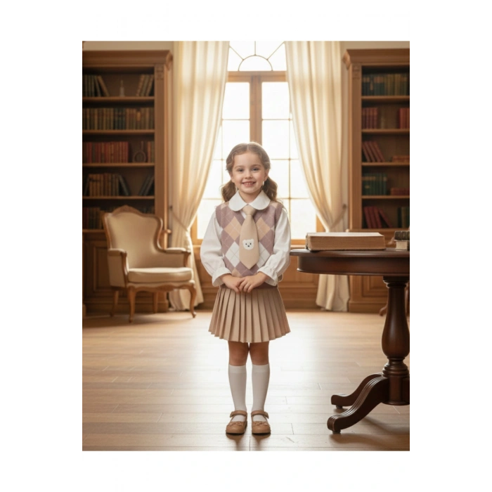 Beren | Kız Çocuk Triko Yelekli Şık Takım Gömlek& Kravat & Pileli Etek Seti Klasik Kombin 2-5 Yaş