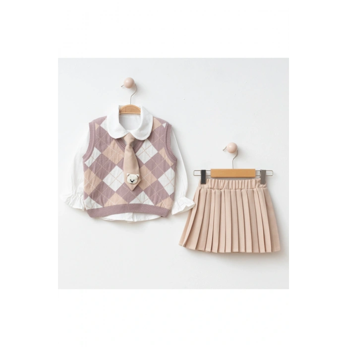 Beren | Kız Çocuk Triko Yelekli Şık Takım Gömlek& Kravat & Pileli Etek Seti Klasik Kombin 2-5 Yaş